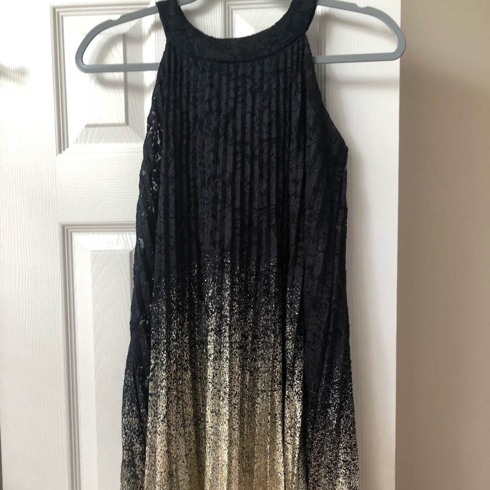 Navy blue and gold dress.